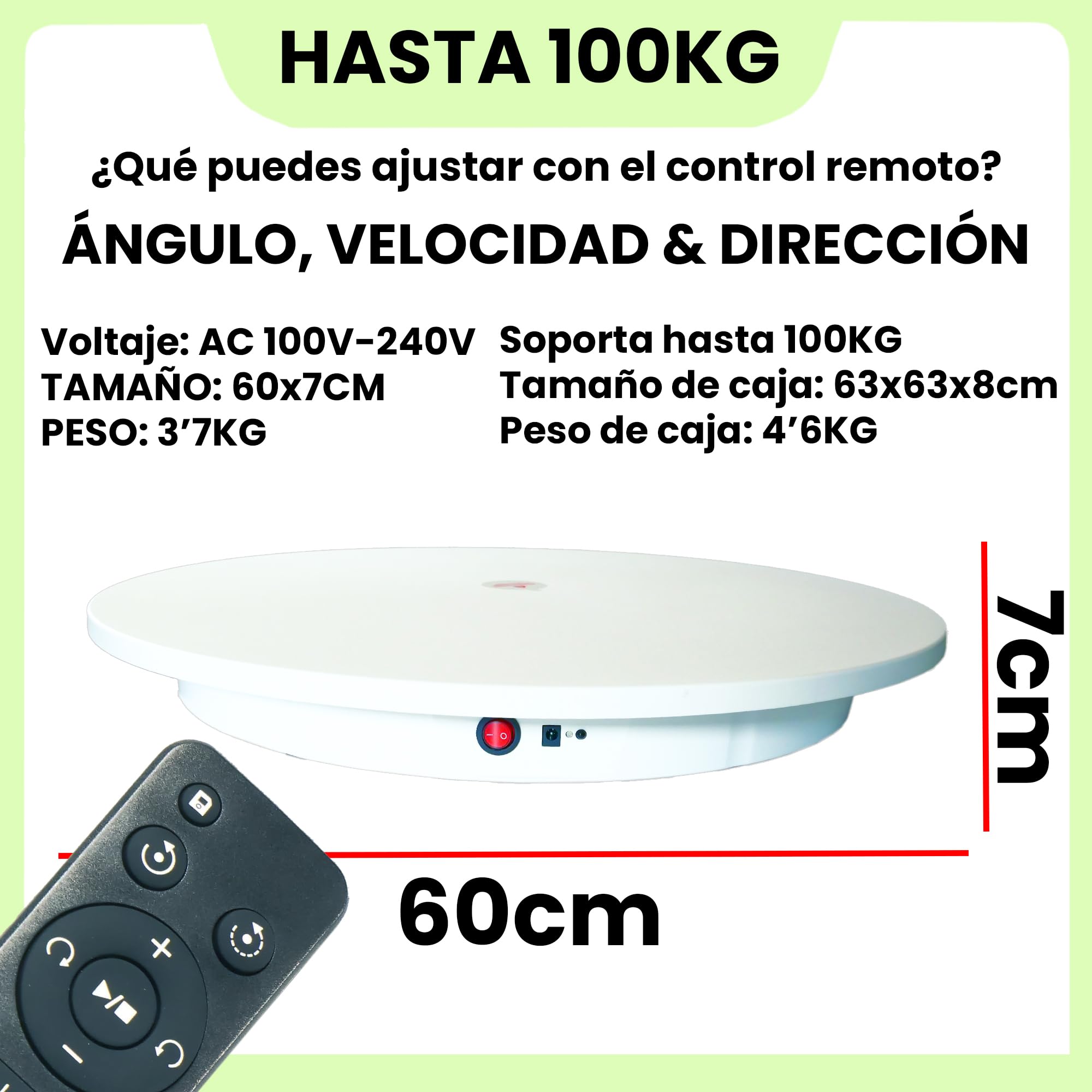 Table rotative électrique 60 cm, base pivotante à 360° avec support jusqu'à 100 kg, plateau rotatif pour photographie et vidéo, rotation configurable depuis la manette, photo Booth, couleur blanche,