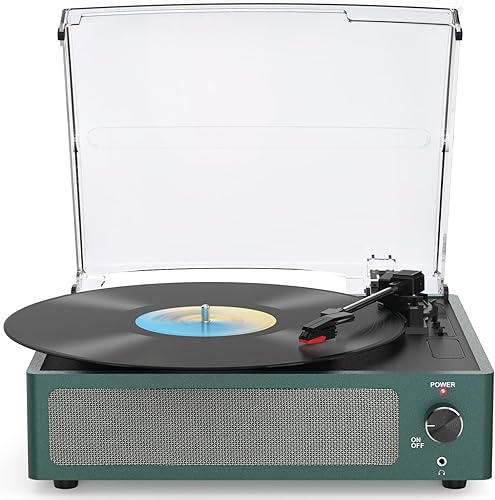 Tocadiscos para vinilo con altavoces, receptor inalámbrico Bluetooth, fonógrafo LP, 3 velocidades, RPM, auriculares accionados por correa, AUX RCA,