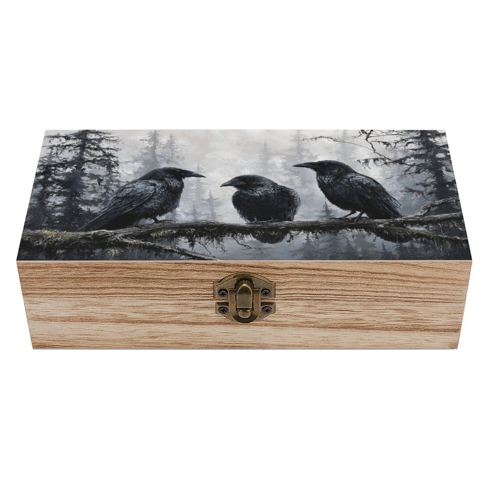 asbwuo Three Black Crows Wooden Storage Box with Hinged Lid
