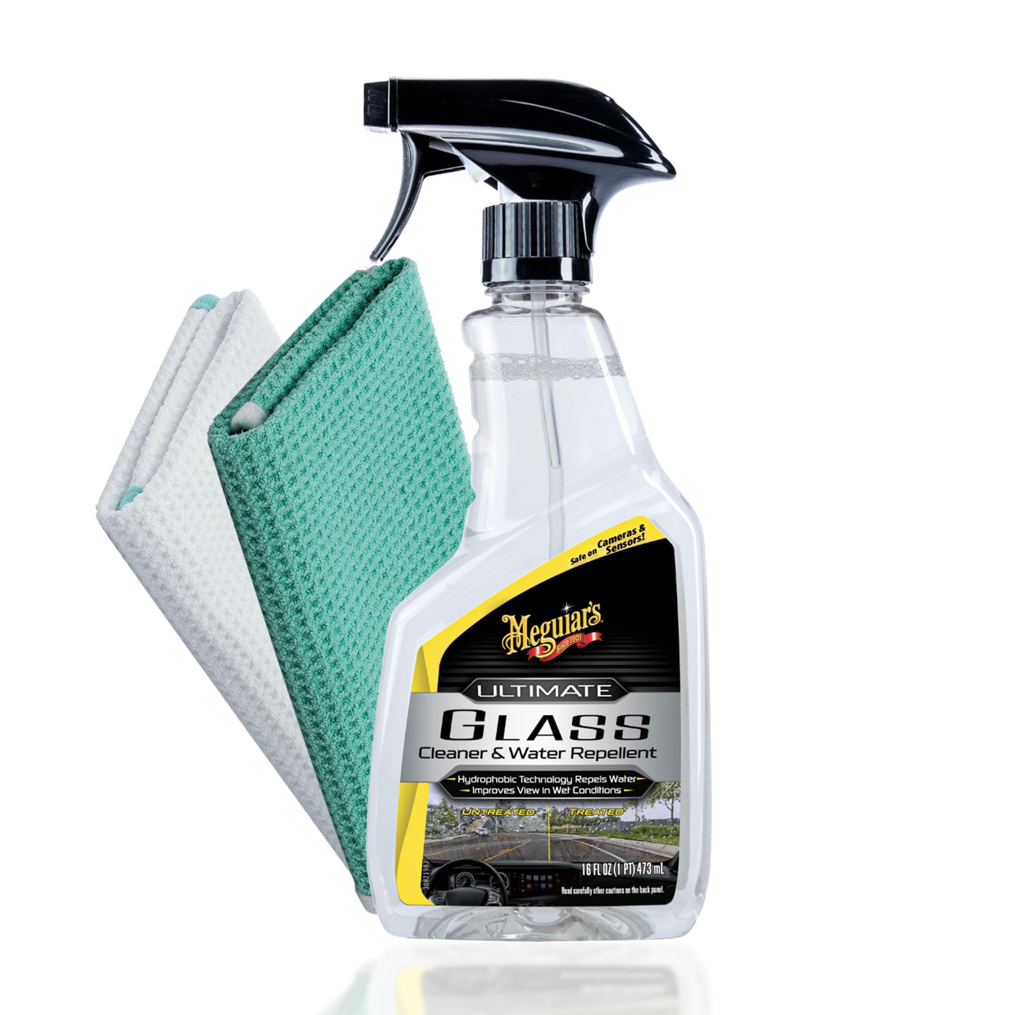 Meguiar's Ultimate Glass Cleaner & Water Repellent Kit de nettoyage pour vitres de voiture avec 2 chiffons de nettoyage pour vitres de voiture