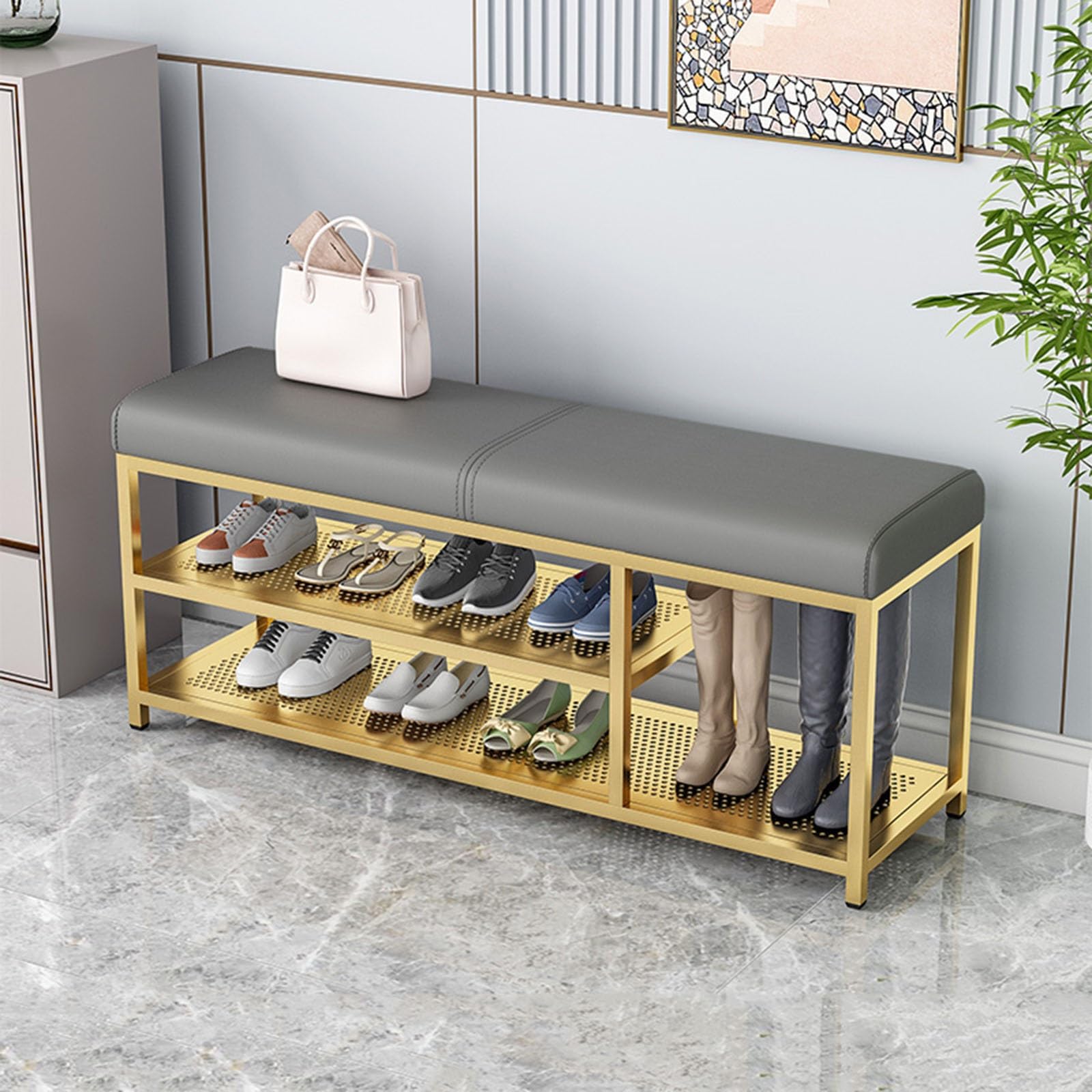 GDMDPTE Stylish Upholstered Shoe Rack Bench with PU Leather Seat & Metal Legs 100cm Entryway Storage nizer for Hallway & Living Room Gray & Gold Design
