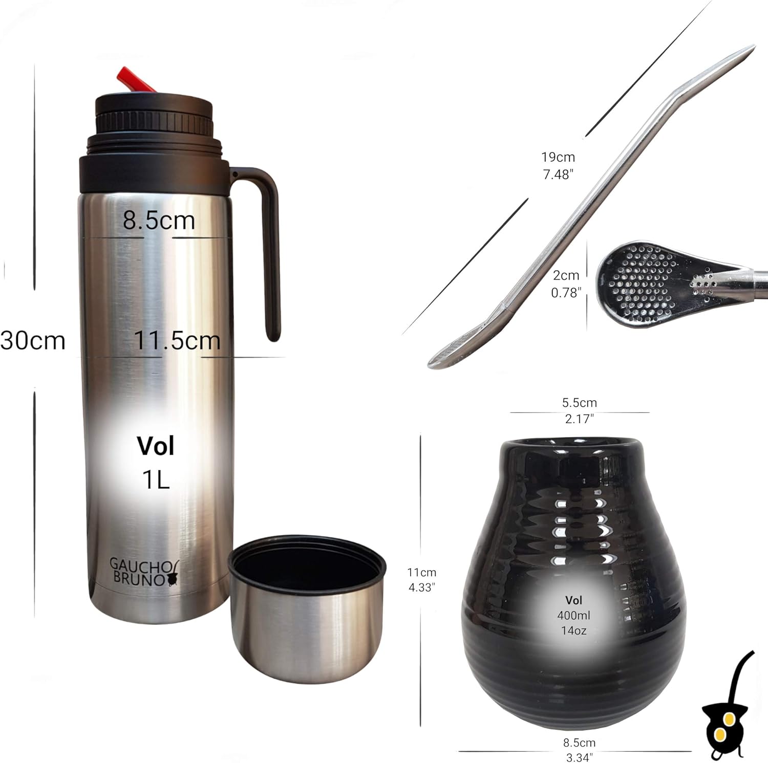 Gaucho Bruno Yerba Mate Cup, Straw, Flask Set, Ceramic Gourd Mug - Image 3