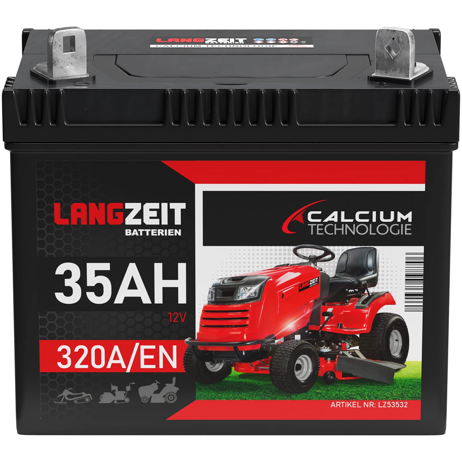 Langzeit Rasentraktor Batterie 12V 35Ah Starterbatterie Aufsitzmäher Rasenmäher Plus Pol RECHTS statt 26Ah 30Ah 32Ah
