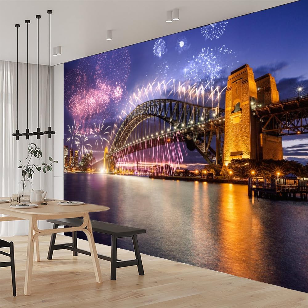 City Fireworks Wall Mural Decal, Building Bridge Peel and Stick Self-Adhesive Wallpaper Removable Wall Decor for Living Room Bedroom TV and Sofa Background,59" W x39.4 H