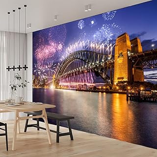City Fireworks 3D Wallpaper, Building Bridge Removable Self Adhesive Wall Sticker-Peel and Stick Wallpaper, Fadeless Odorless for Bedroom Mural Home Decor,78.7" W x55.2 H