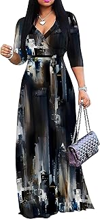 Women's Print Maxi Dresses 3/4 Sleeve Flowy Long Dress V Neck Wrap Tie W...