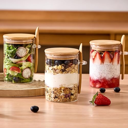 Miniatura 4 de Spreccio Juego de 6 tarros de vidrio herméticos con tapas y cucharas de bambú, tarros de vidrio de almacenamiento de alimentos de 22 onzas perfectos
