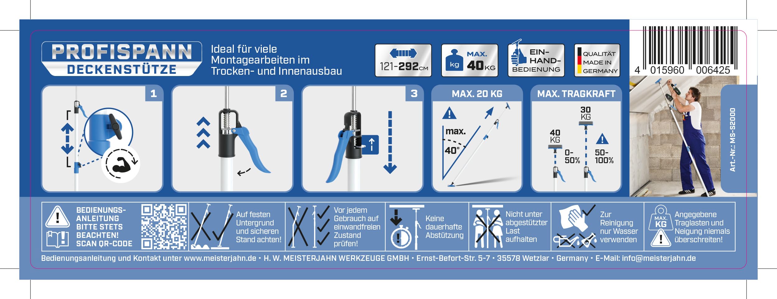2x PROFISPANN® Deckenstütze 121-292cm - Bis 40 kg - Made in Germany - Einhand Schnellspann Montagestütze Baustütze - MS-S2000…