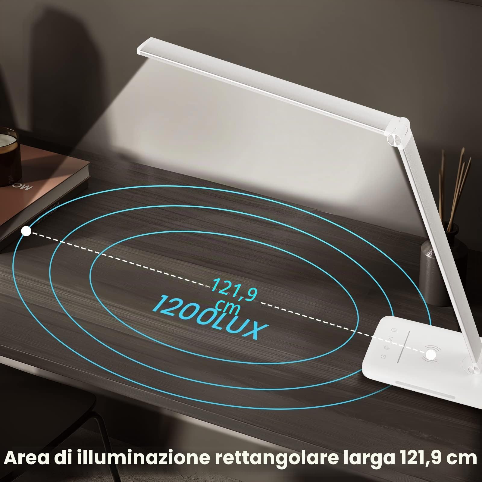 BIENSER Lampada da Scrivania LED con Ricarica Wireless 10W, Funzione di Ricarica USB, 600LM Lampada da Tavolo con 10 Livelli di Luminosità × 5 Colori, Luce Notturna, Memoria, Timer Auto, 6000K, 24W