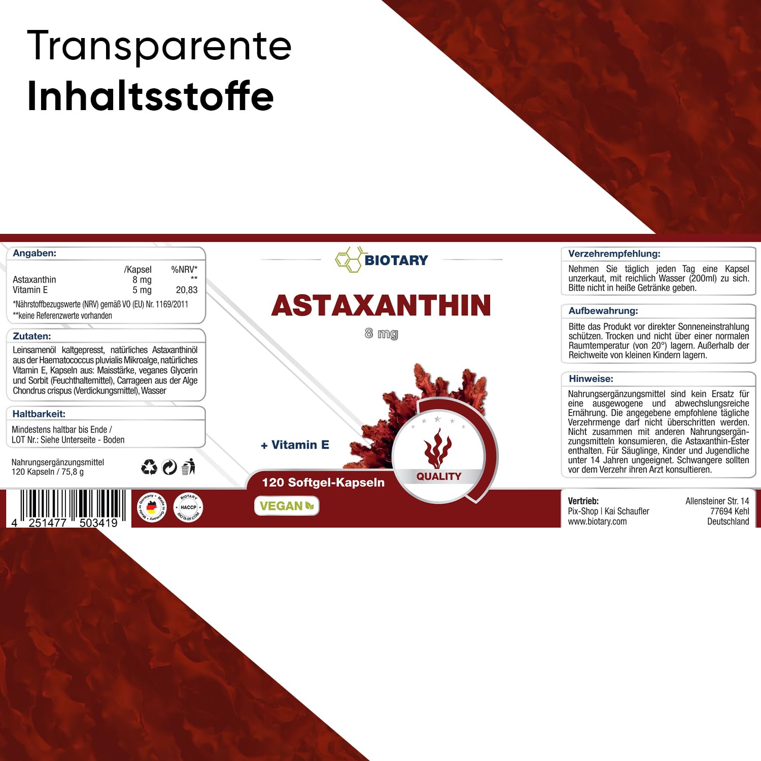 Astaxantina 8 mg 200 capsule vegetali vegane e naturali, con vitamina E, scatola di pillole inclusa, testata in laboratorio, Haematococcus Pluvialis, fornitura da 6 a 7 me
