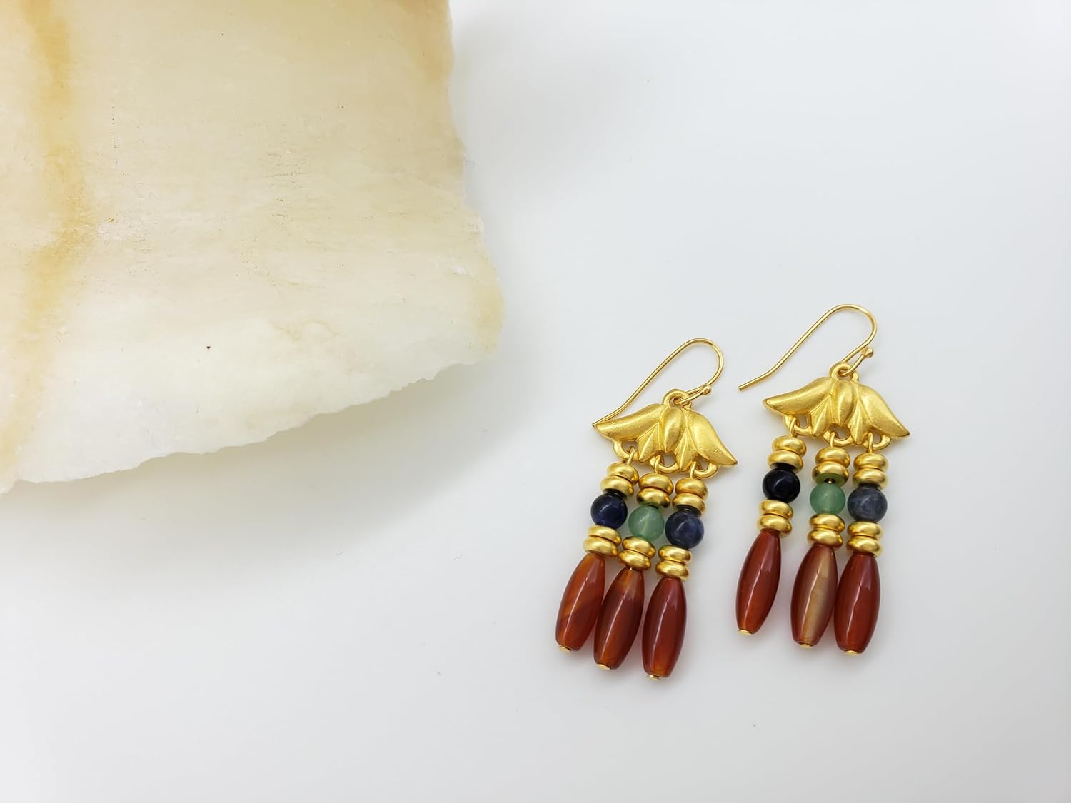 Lotus Triple Drop Earrings - Carnelian, Sodalite and Aventurine - Egyptian Inspired
