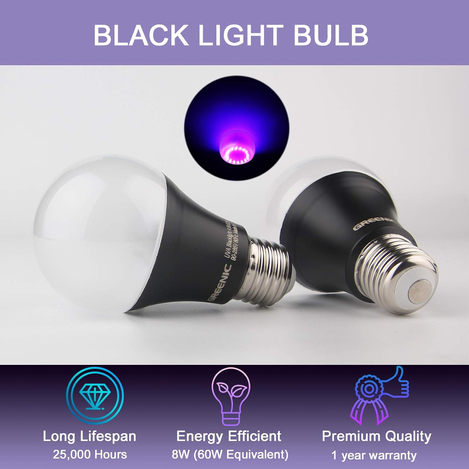 GREENIC UV LED Black Light Bulb 2 Pack, 8W (60W Equivalent) A19 E26 Blacklight Bulb UVA Level 385-400nm, Glow in Dark for Body Paint Club Party Neon Posters