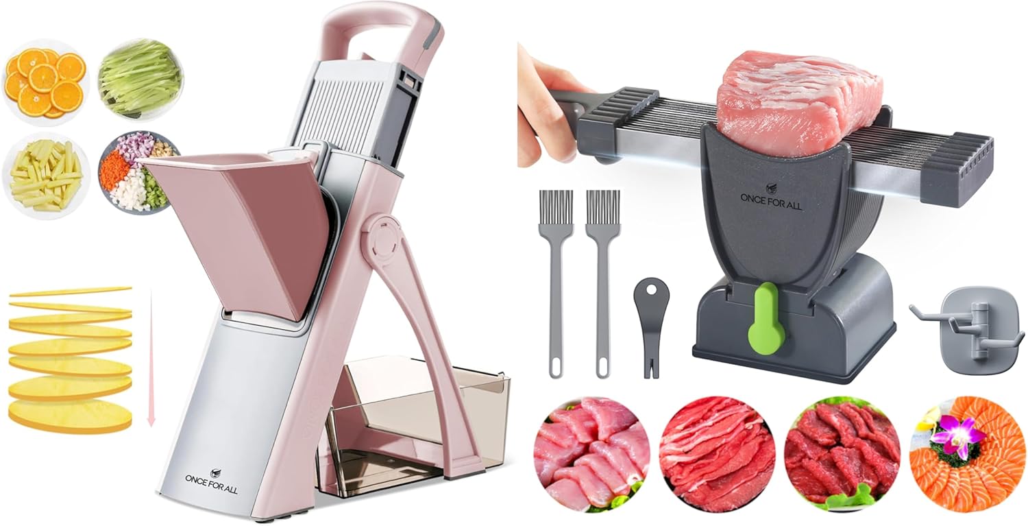 ONCE FOR ALL Upgrade Safe Mandoline Slicer Plus Pink & Fresh Meat Slicer