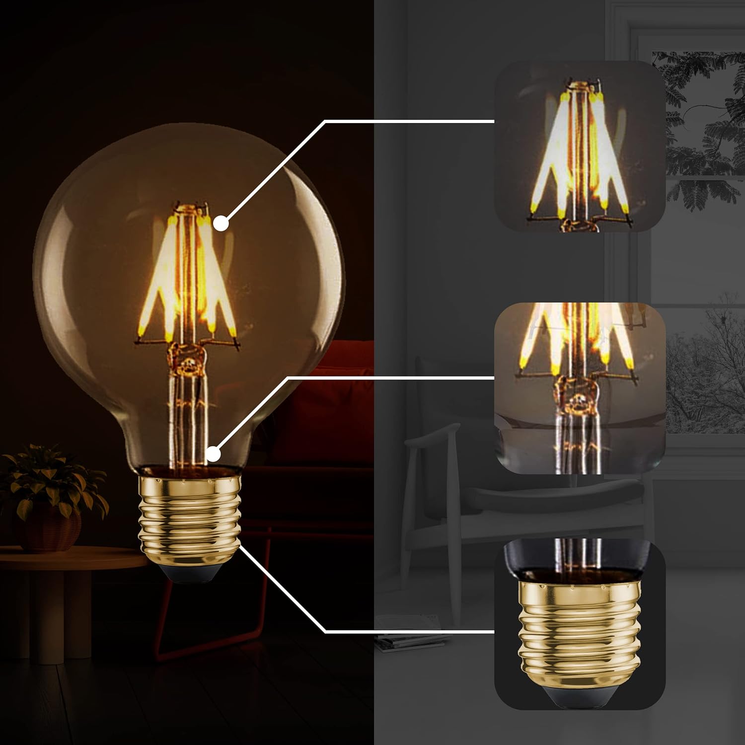 LED G80/G25 Edison E26 Light Bulb, 4W=40 Watt traditional Bulb Dimmable Warm White 2700K Vintage Amber Glass 450 Lumens Globe Energy Saving Bulb for Farmhouse & Home Lighting Decoration - 240V