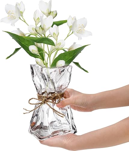 Miniatura 4 de Jarrón de cristal, florero de forma irregular de 8.7 pulgadas de alto con cuerda de cáñamo, jarrones decorativos de arte transparente, jarrones