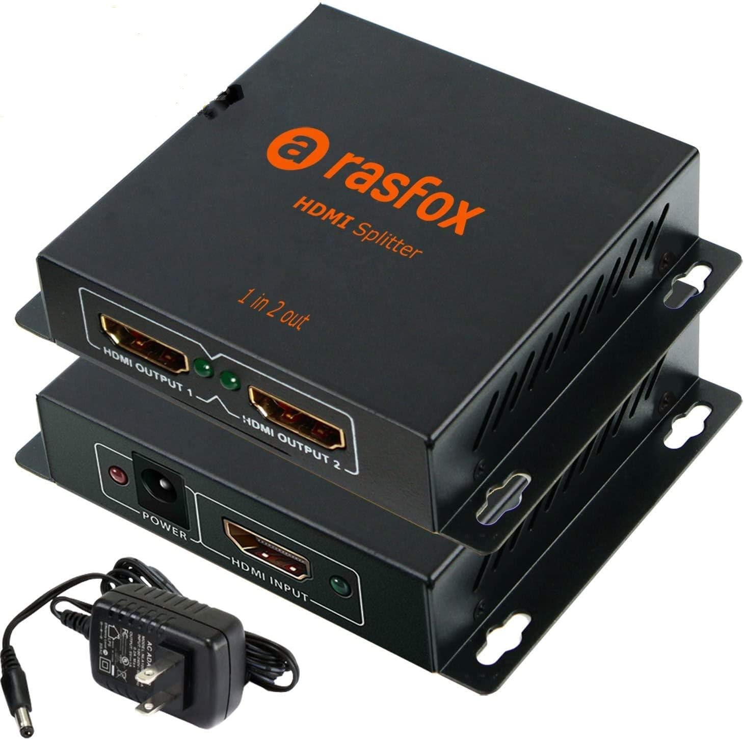 Rasfox® 1x2 Powered 4K HDMI Splitter,1 in 2 Out, Repeater Amplifier Box Hub with Power Adapter,4K UHD Full HD 3D 1080p ; Distribute 1 Souce to 2 HDTVs; High-end Metal Box with 1 Year Warranty