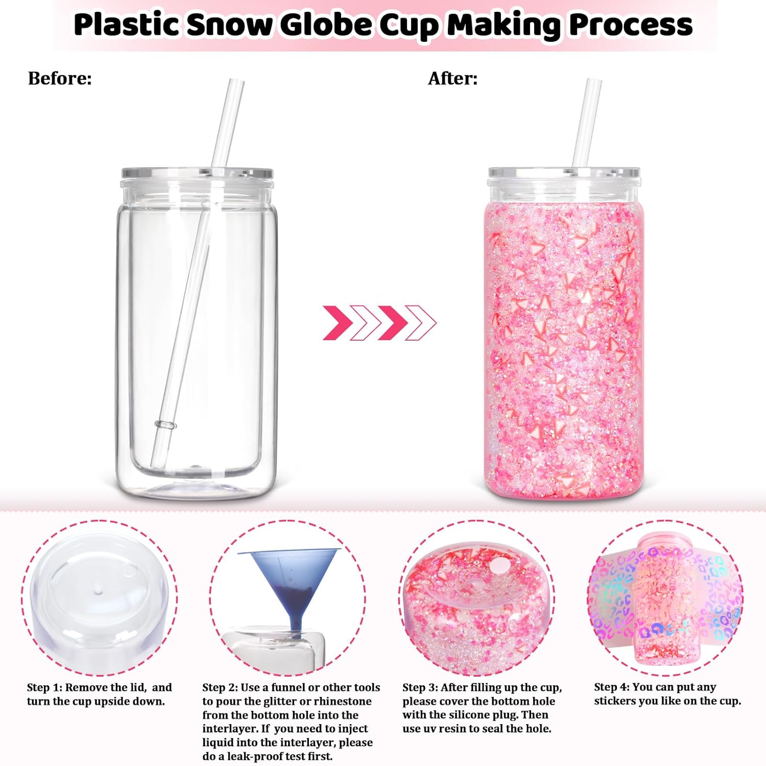 12 Pack Snow Globe Tumbler with Pre Drilled Hole, 16 Oz Double Wall Plastic Can with Lid and Straw, Plastic Mason Jar Mug for Snow Globe Glitter DIY Gift (Clear)