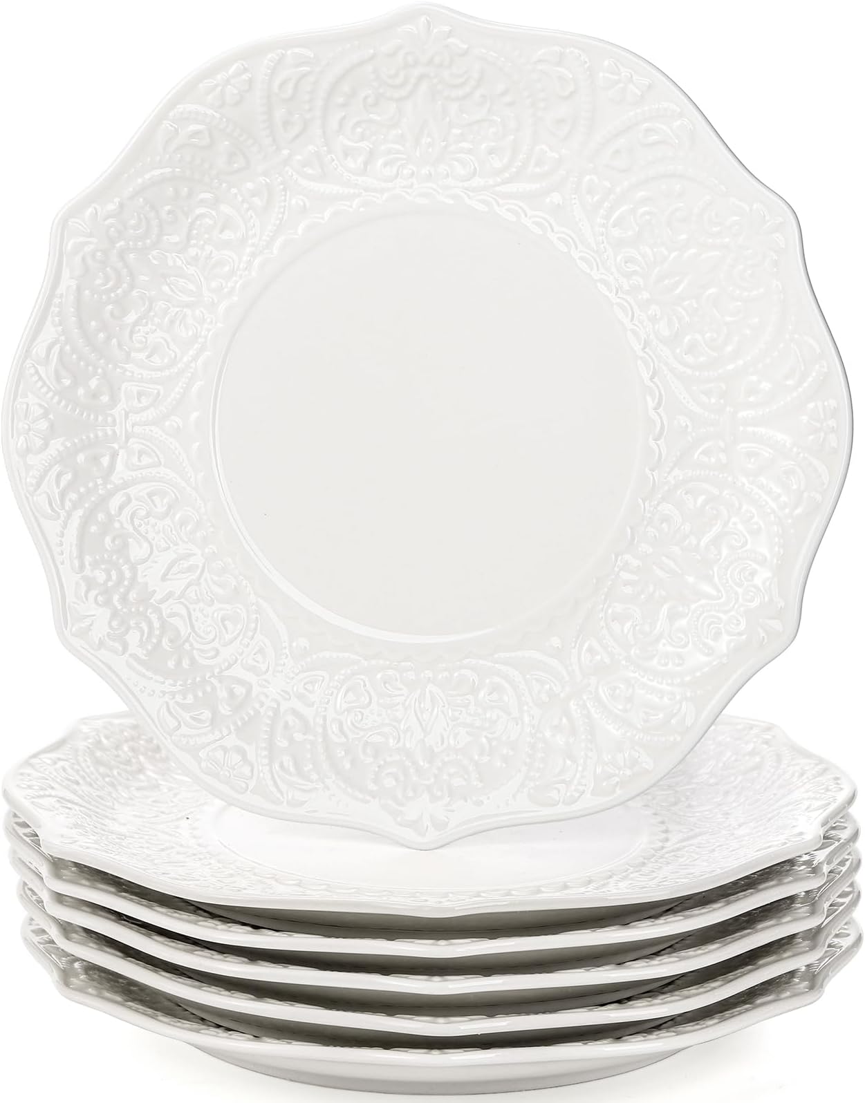 SOUJOY Set of 6 Salad Plate, 8 Inch Porcelain Dessert Serving Plates, Embossed Printing Small Dinner Dish for Pancakes, Steak, Microwave, Dishwasher Safe