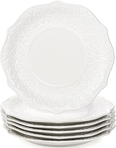 SOUJOY Juego de 6 platos de ensalada, platos de porcelana de 8 pulgadas para servir postres, platos pequeños con impresión en relieve para