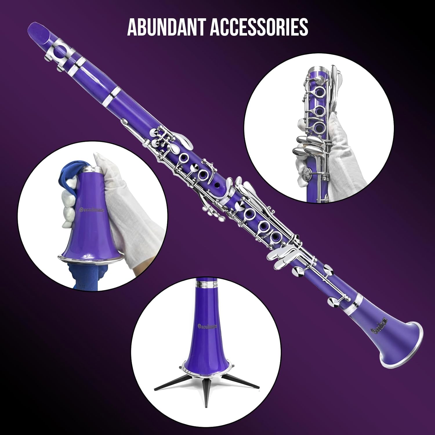 Soulmate Clarinet Bb Flat 17 Nickel Keys Purple Clarinet for Student Beginner with 2 Barrels Hard Case and Cleaning Kit