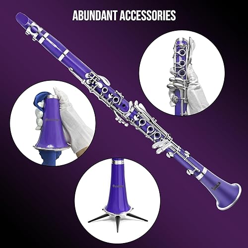 Miniatura 8 de Soulmate Clarinete Bb Flat 17 teclas de níquel Clarinete morado para estudiantes principiantes con estuche rígido de 2 barriles y kit de limpieza