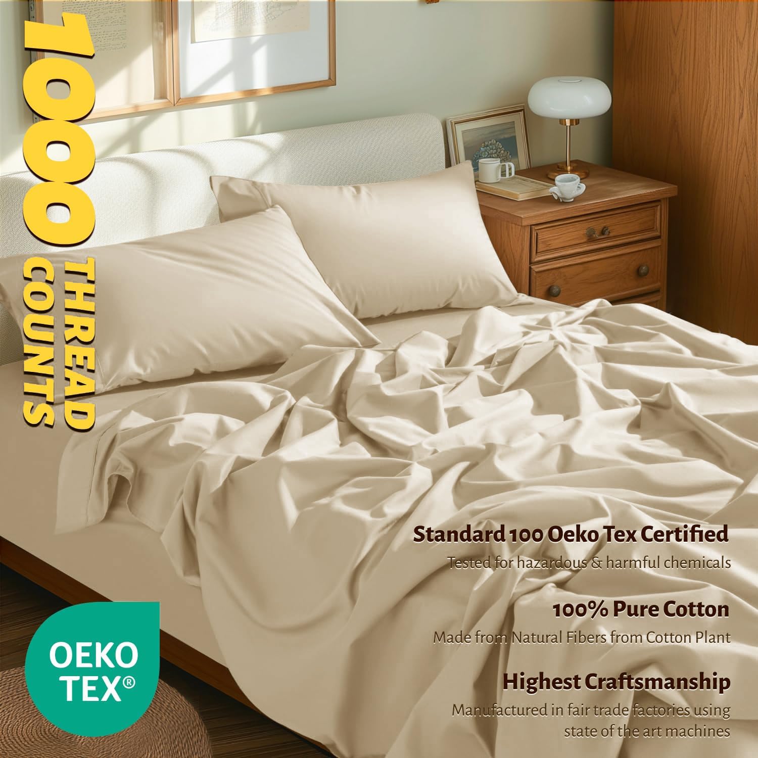 Shilucheng Juego de sábanas de 100% algodón Egipcio tamaño Queen, 1000 Hilos, sábanas de algodón de Lujo, Ropa de Cama y Fundas de Almohada Transpirables y refrescantes, Bolsillo de 40 cm de