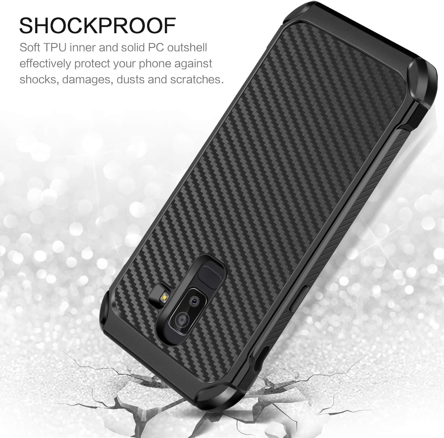 BENTOBEN Case for Galaxy J8 2018, 2 in 1 Slim Carbon Fiber Texture Hybrid Hard PC Soft Rubber Heavy Duty Rugged Bumper Shockproof Anti Slip Full Body Protective Cover for Samsung Galaxy J8 2018, Black
