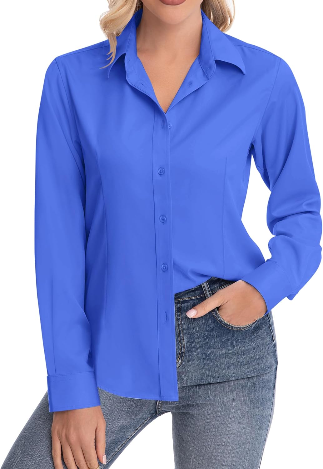 siliteelon Womens Classic-Fit Dress Shirts Long Sleeve Button Down Wrinkle-Free Stretch Solid Casual Work Office Blouse Top - Image 2