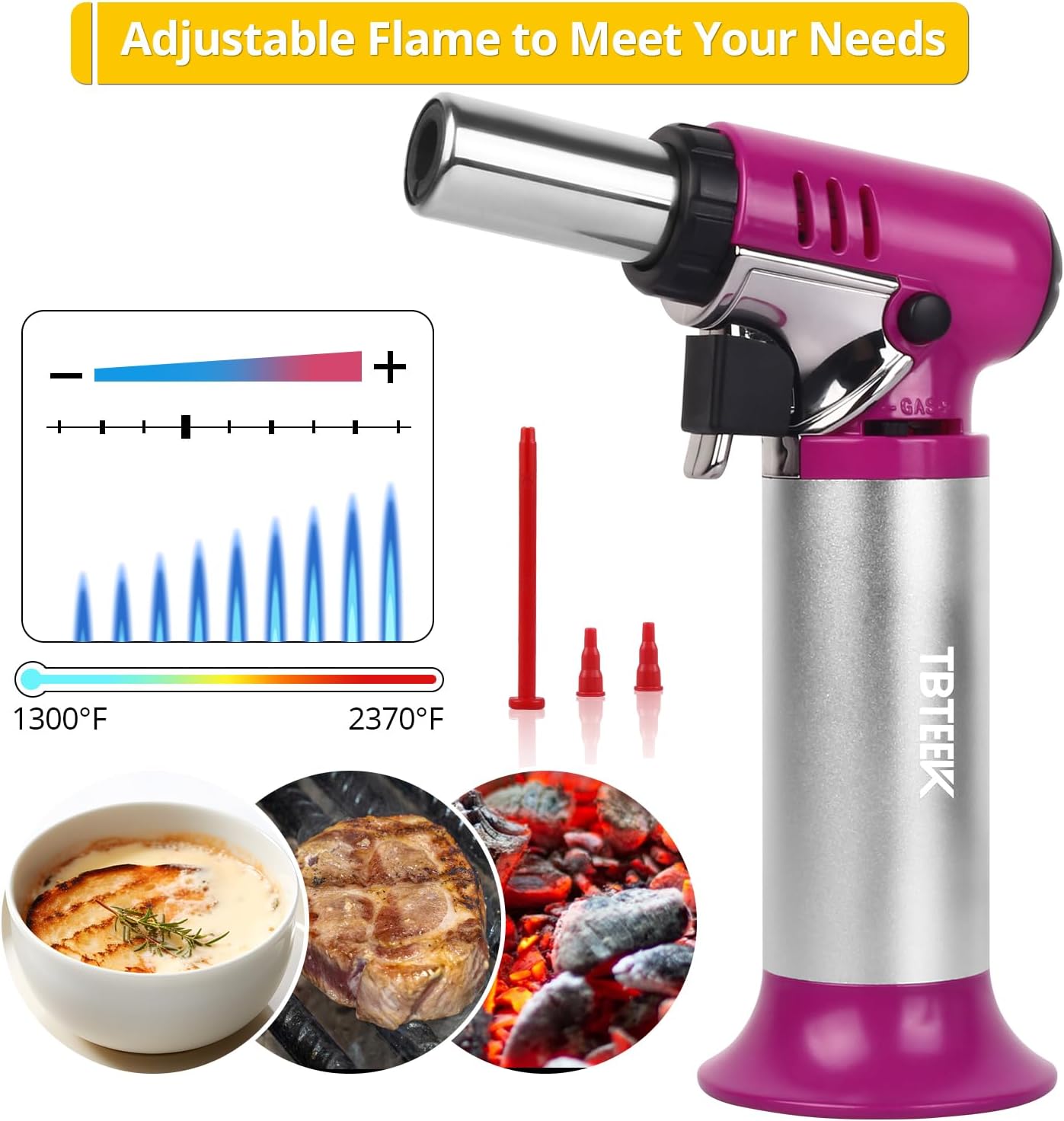 TBTeek Kitchen Torch with Butane Included, One-hand Operation Cooking Torch Lighter with Butane Refill for BBQ, Baking, Brulee Creme and Soldering, Purple(2 Can)