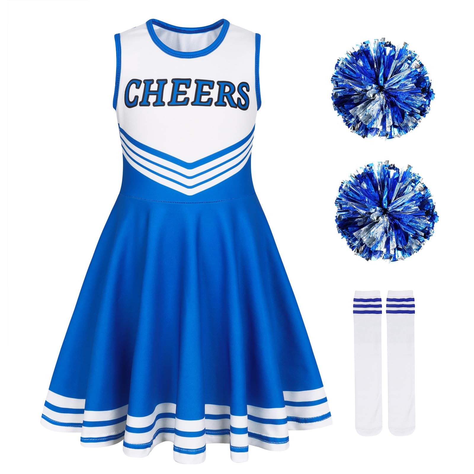 Berich Cheerleader Outfit Kids Dress Up with Pompoms Socks Princess Costumes for Girls Halloween Uniform Outfit Therm Party Clothing Girls Cheerleader Costume Blue 10-11 Years,150