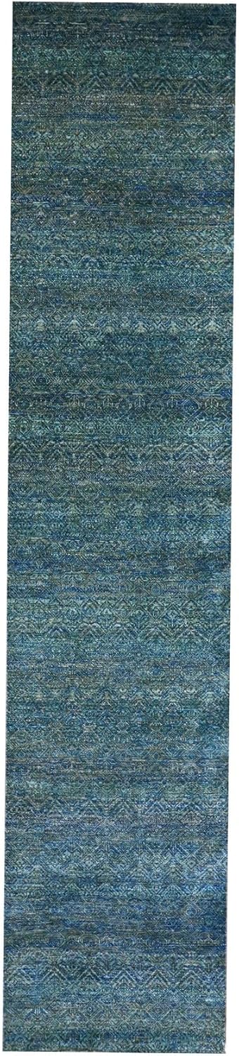 Green Pure Wool Hand Knotted Kohinoor Heritta Small Geometric Repetitive Design Runner Rug(2'6"x12')