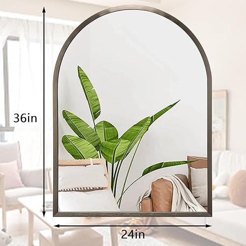 Miniatura 125 de Espejo de pared arqueado negro con marco de aleación de aluminio, espejo de baño de metal cepillado, espejo montado en la pared para sala de estar