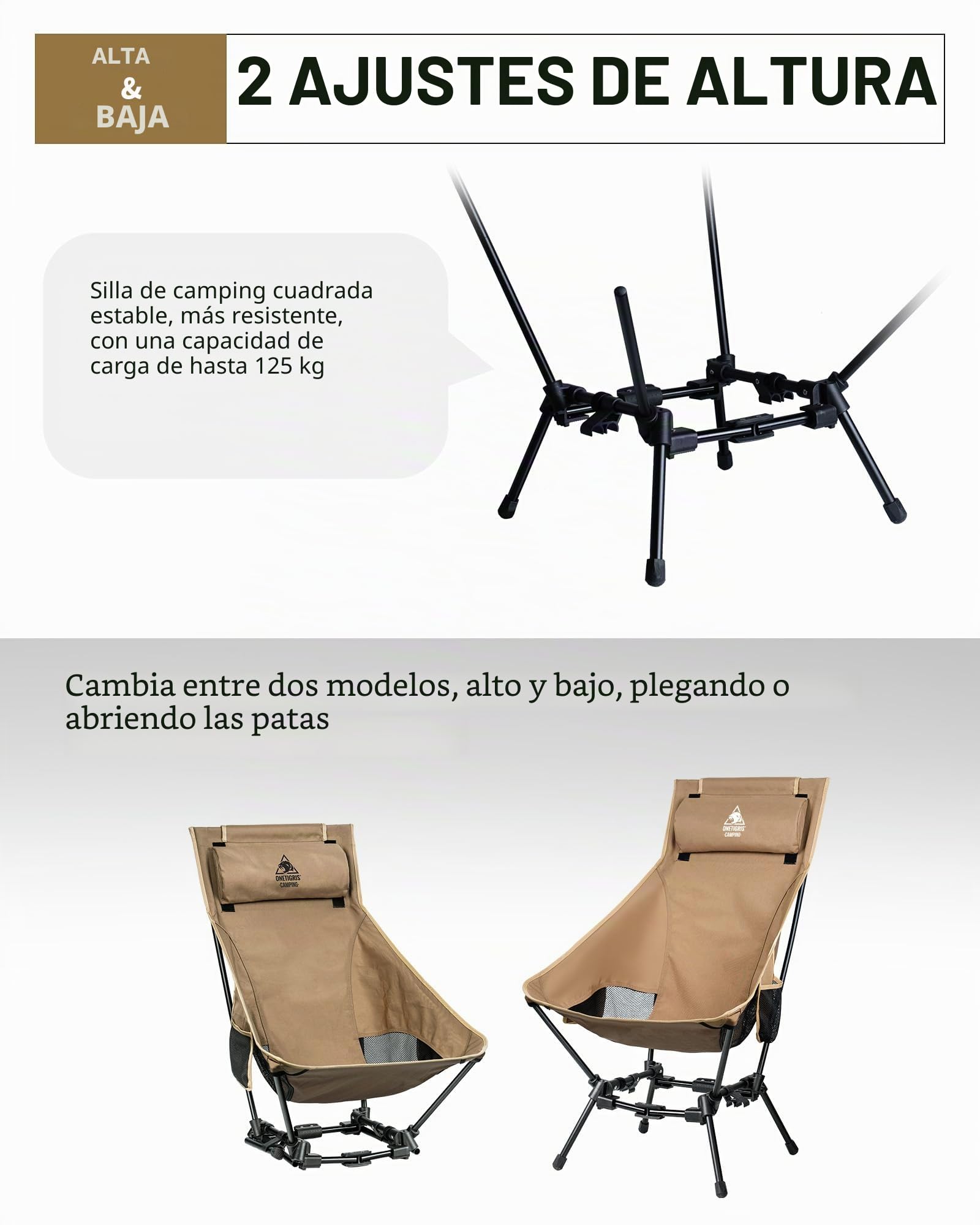 OneTigris Dragonhide - Silla de camping con respaldo alto, silla plegable, 150 kg, silla de camping ligera, silla de pesca plegable con 2 bolsillos laterales, silla plegable ultraligera para