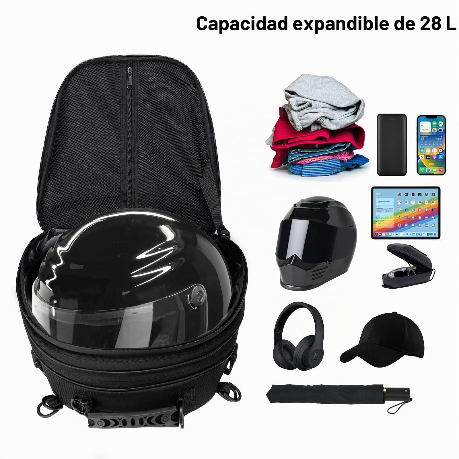 MOSISO Motorcycle Tail Bolsa, Mochila Moto Bolso Casco con Capacidad Ampliable 20L-28L, Impermeable Moto Asiento Trasero Almacenaje Equipaje Tool Gear Bolsa Transporte con Asa&Cubierta Lluvia, Negro