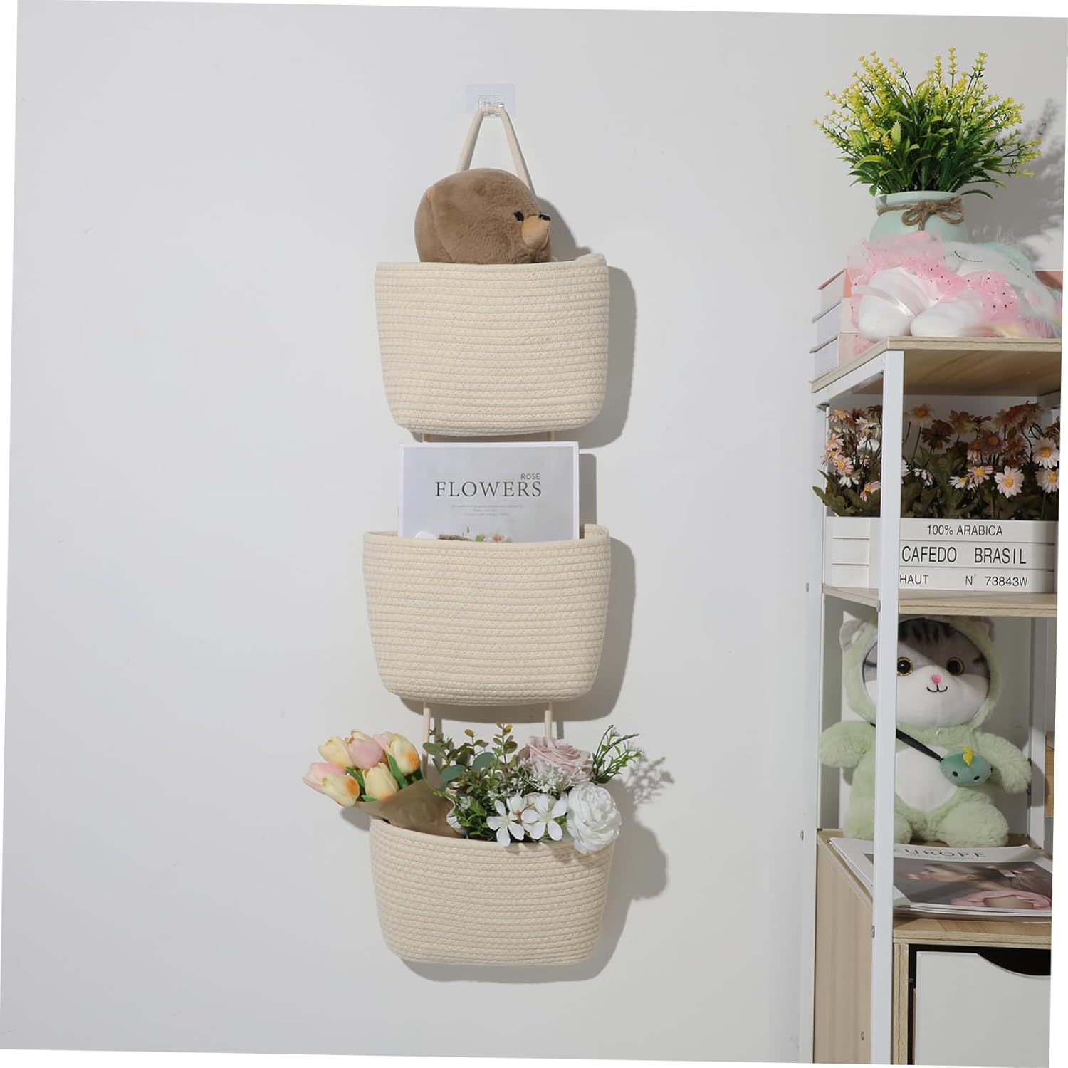 GLEAVI Cotton Rope Wall Hanging Basket Minimalist Door Organizer for Home Storage Woven Design Maximizes Vertical Space for Kitchen Bedroom and Living Room