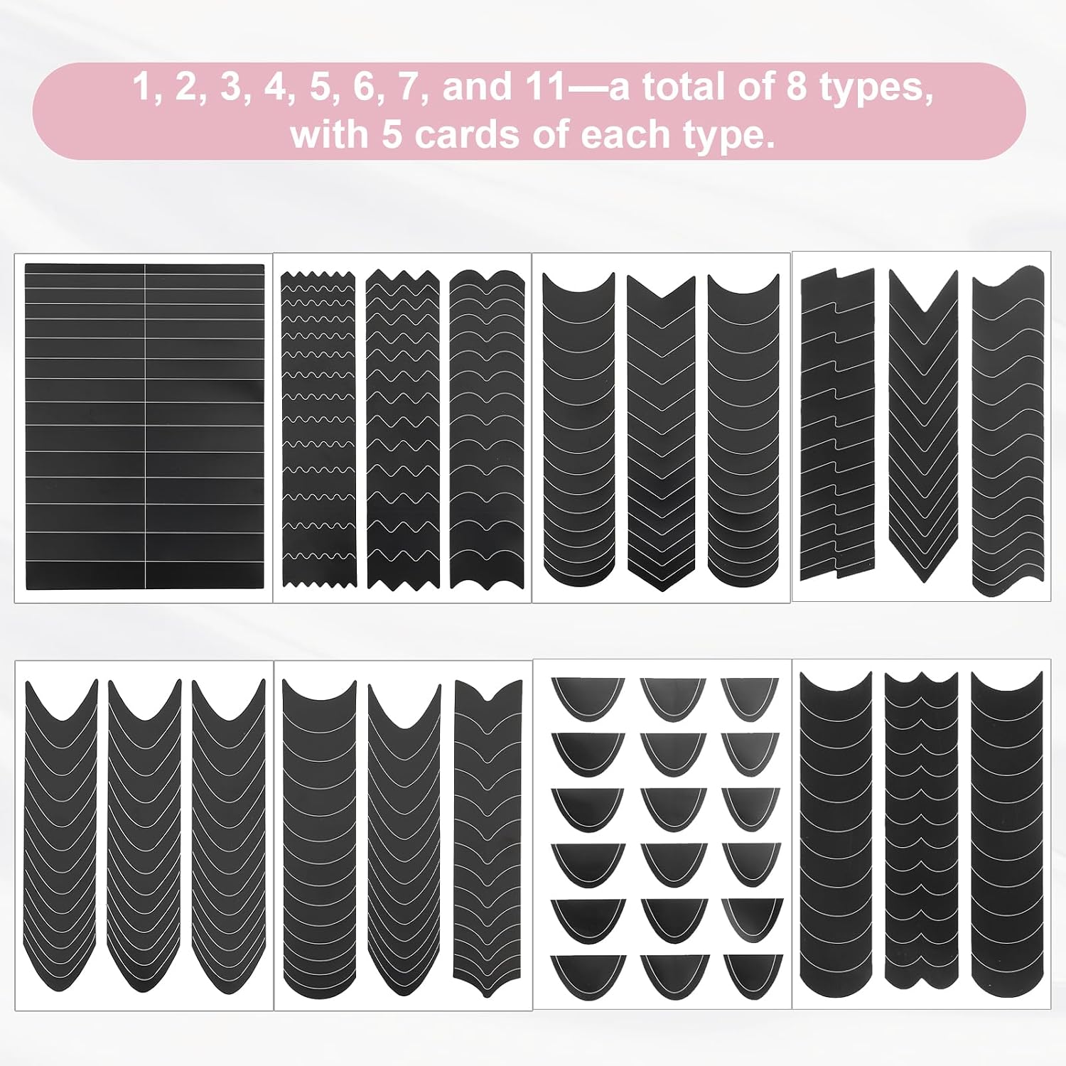 1422 Pcs French Tip Stickers Guide, Self Adhesive French Moon Shaped V-Shaped Manicure Strips Black Nails Tip Stencil for DIY Nails Stencil Tools (11 Designs, 36 Sheet)
