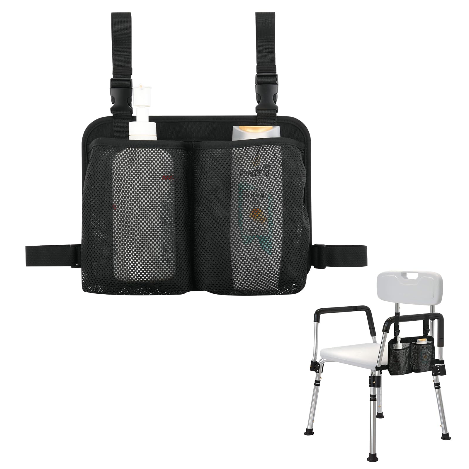 Beautyflier Shower Chair Hanging Bag Commode Chair Side Removable Storage Bag Armrest Chair Side Organizer 2 Storage Pockets