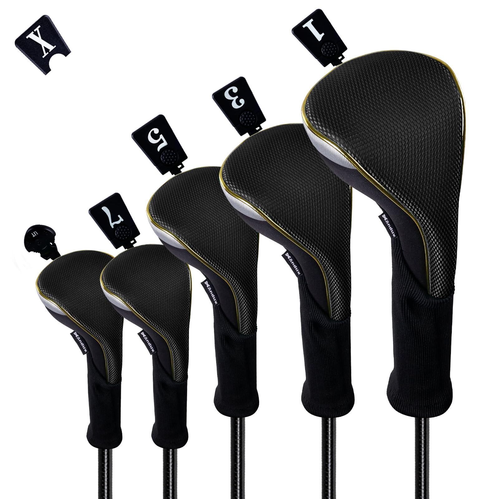 Andux 5Pcs/set Gold Golf 460cc Driver Fairway Woods Hybrids Club Head Covers MT/ZH15 Black