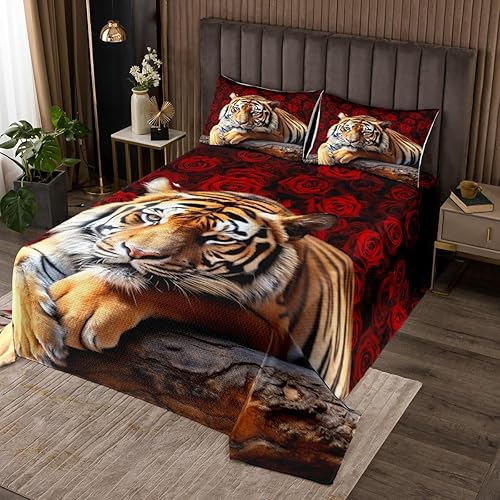 Erosebridal Juego de colcha de tigre tamaño Queen, diseño romántico floral de safari con flores rojas para adultos, hombres, mujeres, niños y niñas,