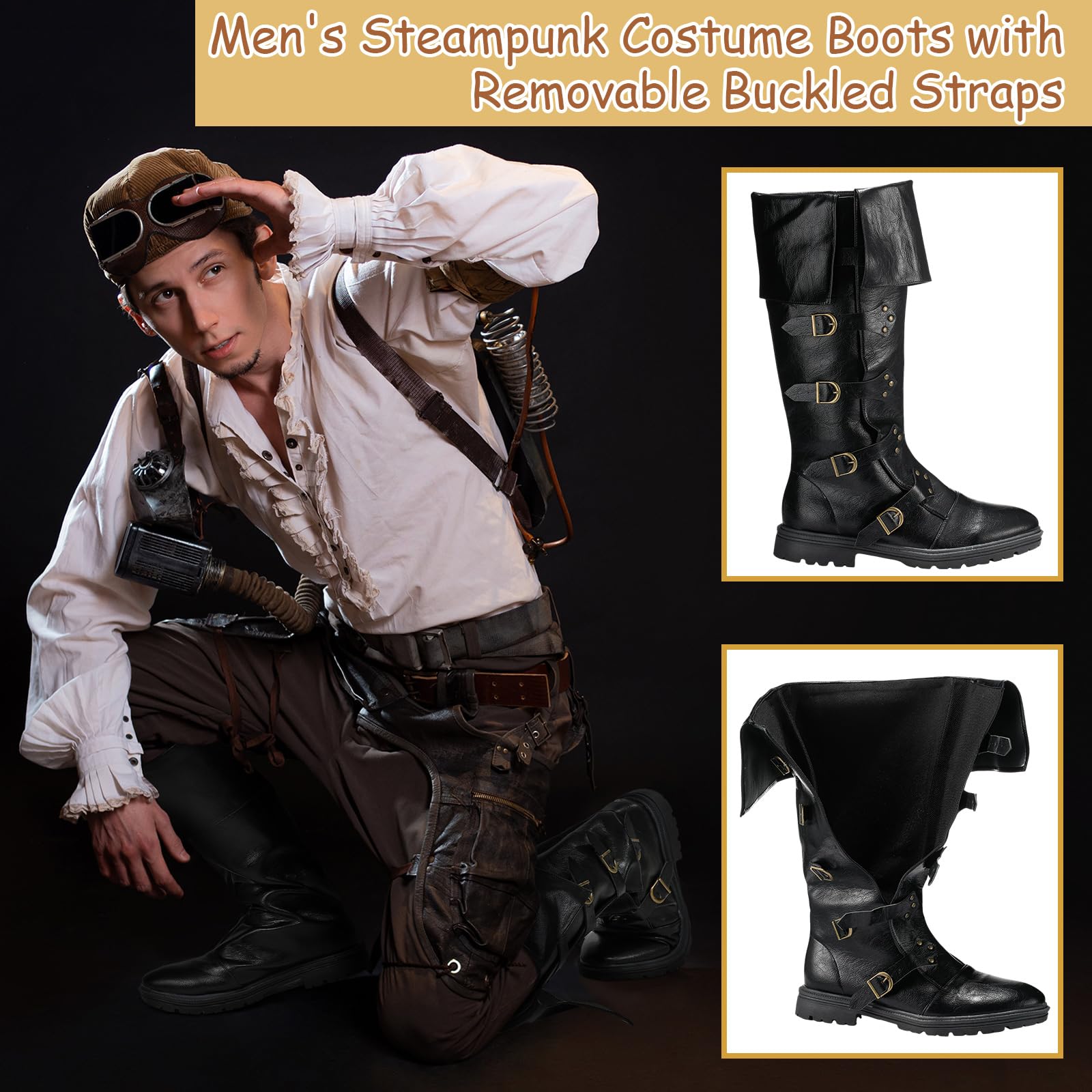 Jiuguva Mittelalter Piraten Stiefel Herren Renaissance Kostüm Stiefel High Tube Steampunk Schuhe Halloween Cosplay Kostüm Zubehör