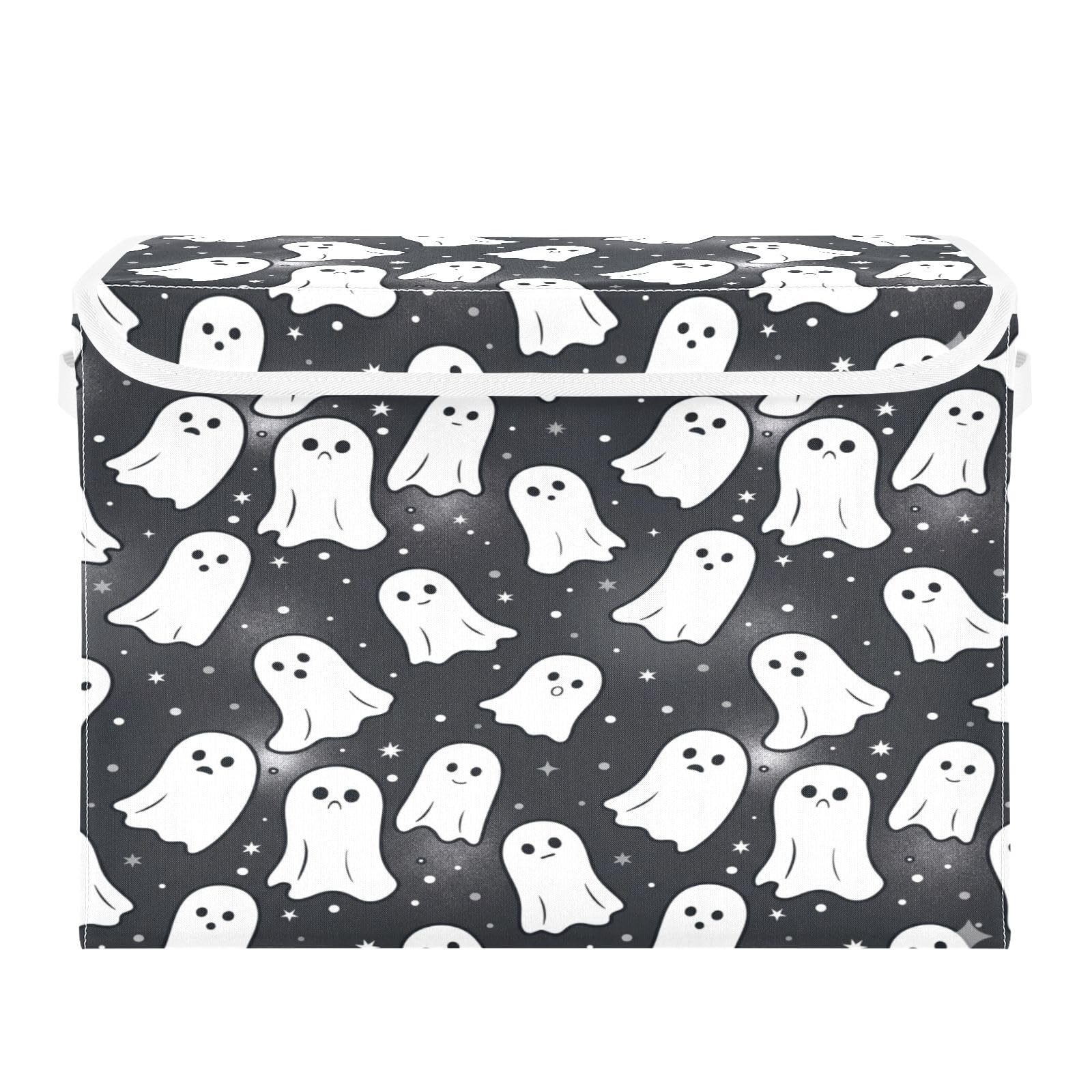 Ewusp Halloween Boo Fabric Storage Bin with Lid, Decorative Foldable Storage Basket with Handles, Stackable Closet Shelf Organiser Box for Clothes, Books, Bedroom, Living Room