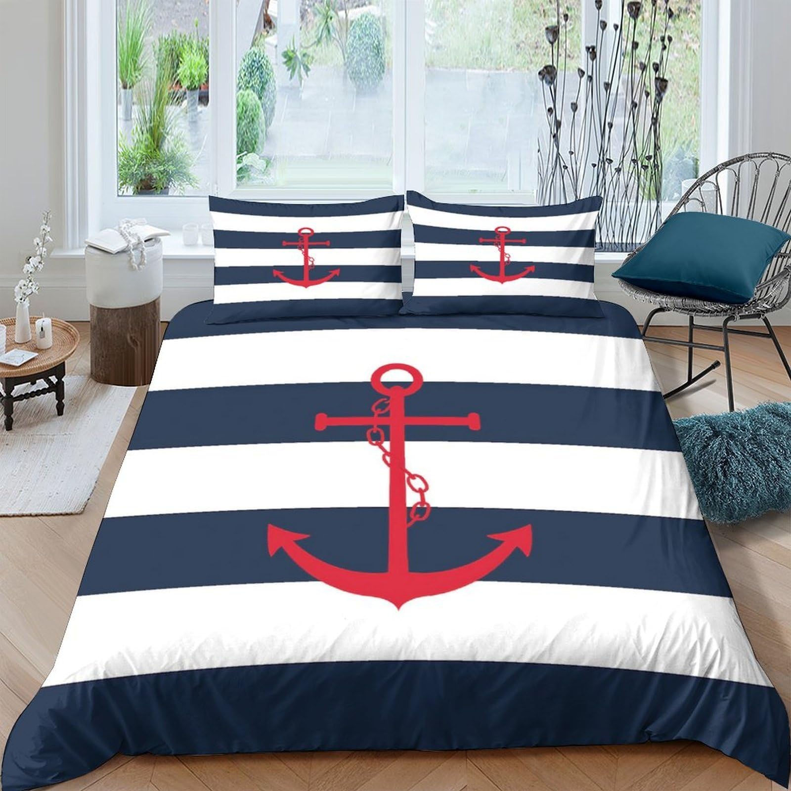 GPLZQXKJNH 3D Printed Nautical Anchor Duvet Cover Microfiber Soft Breathable Stripe Bedding Set with 2 Pillowcases for Bedroom Decor Single（135x200cm）