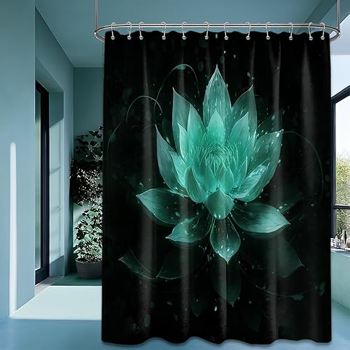 Miniatura 28 de Cortina de ducha negra y dorada con flores de loto amarillo dorado para juegos de decoración de baño, tela impermeable con ganchos, 70 x 72 pulgadas