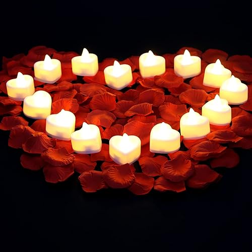 Miniatura 1 de 2400 pétalos de rosa artificiales, 24 velas románticas de corazón sin llama, románticas, velas de té para noche romántica, día de San Valentín,