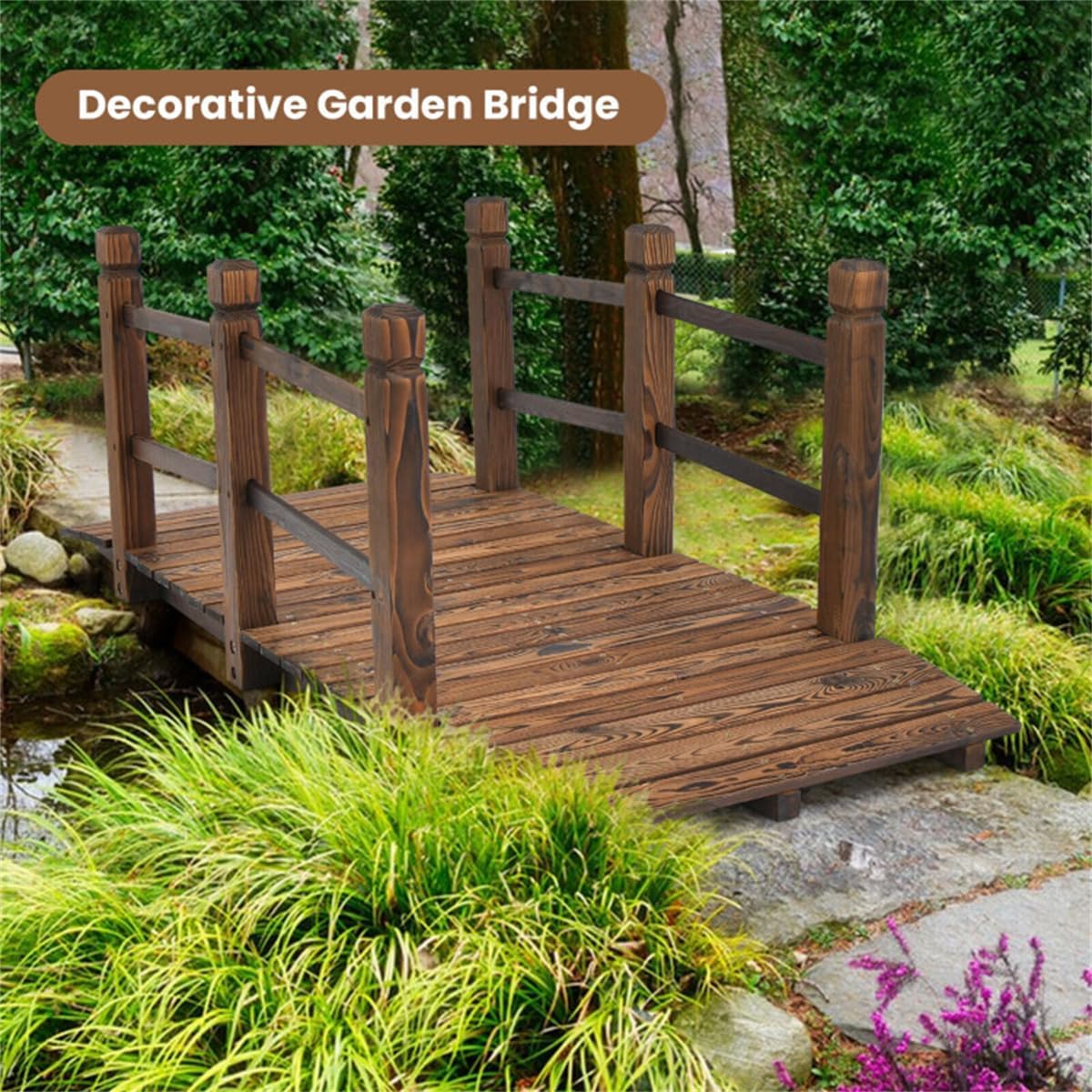 Brown Wooden Garden Bridge for Pond, 100% Fir Wood Footbridge with Safety Chain Railings, Heavy Duty Outdoor Decorative Bridge for Creek, Backyard, Farm, 5FT Pond Bridge for Backyard, Easy Assembly
