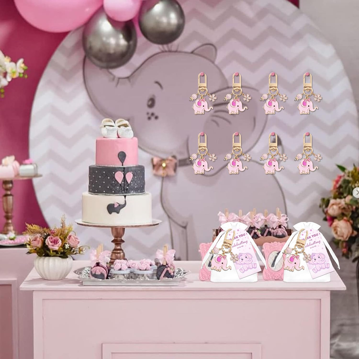 12Sets Pink Elephant Keychains with White Organza Bags and Thank You Tags