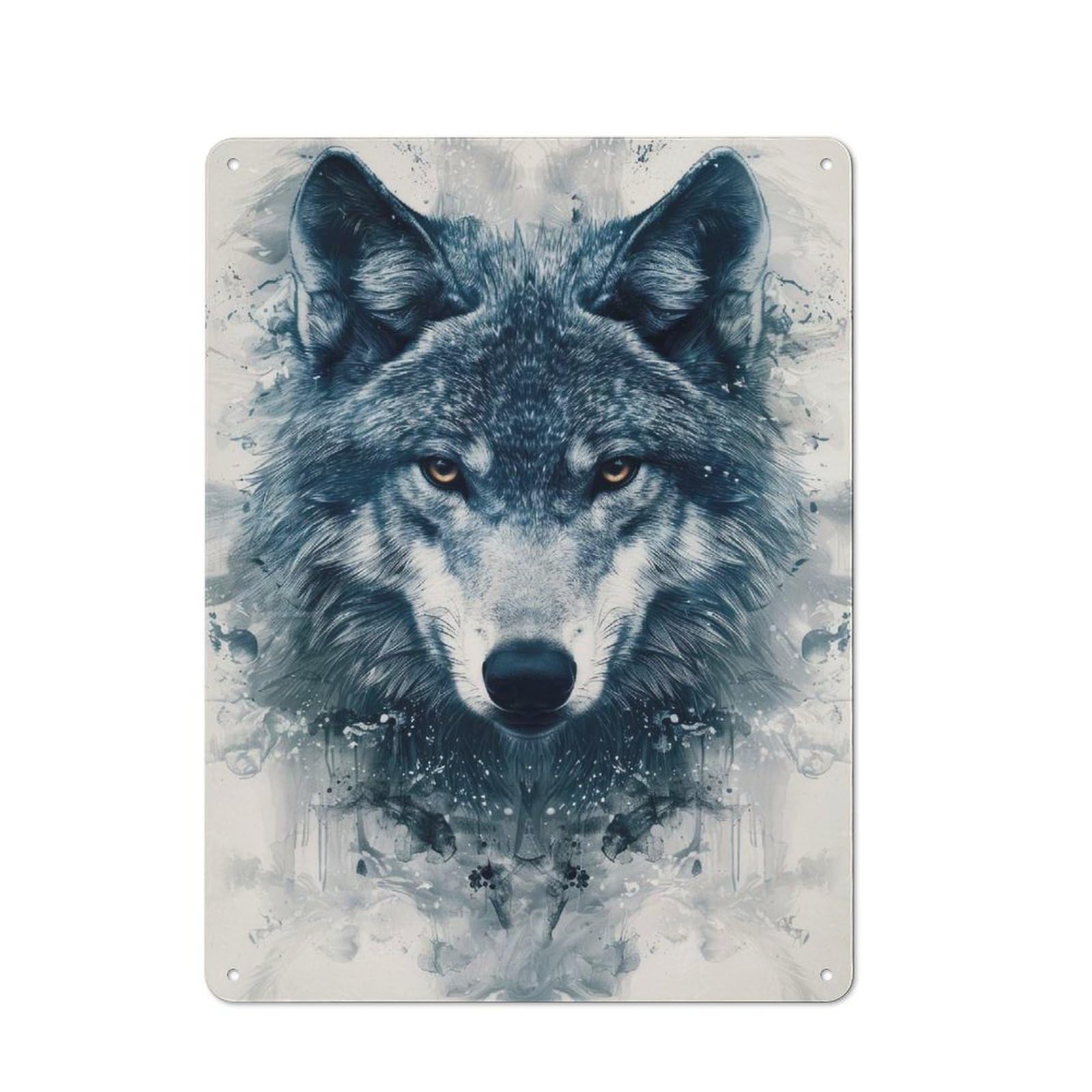 Farmhouse Rustic Metal Sign 40x30cm Featuring Watercolor Wolf Portrait, Farmhouse Wall Decor for Dining Room, Cafe, Entryway Or Family Room