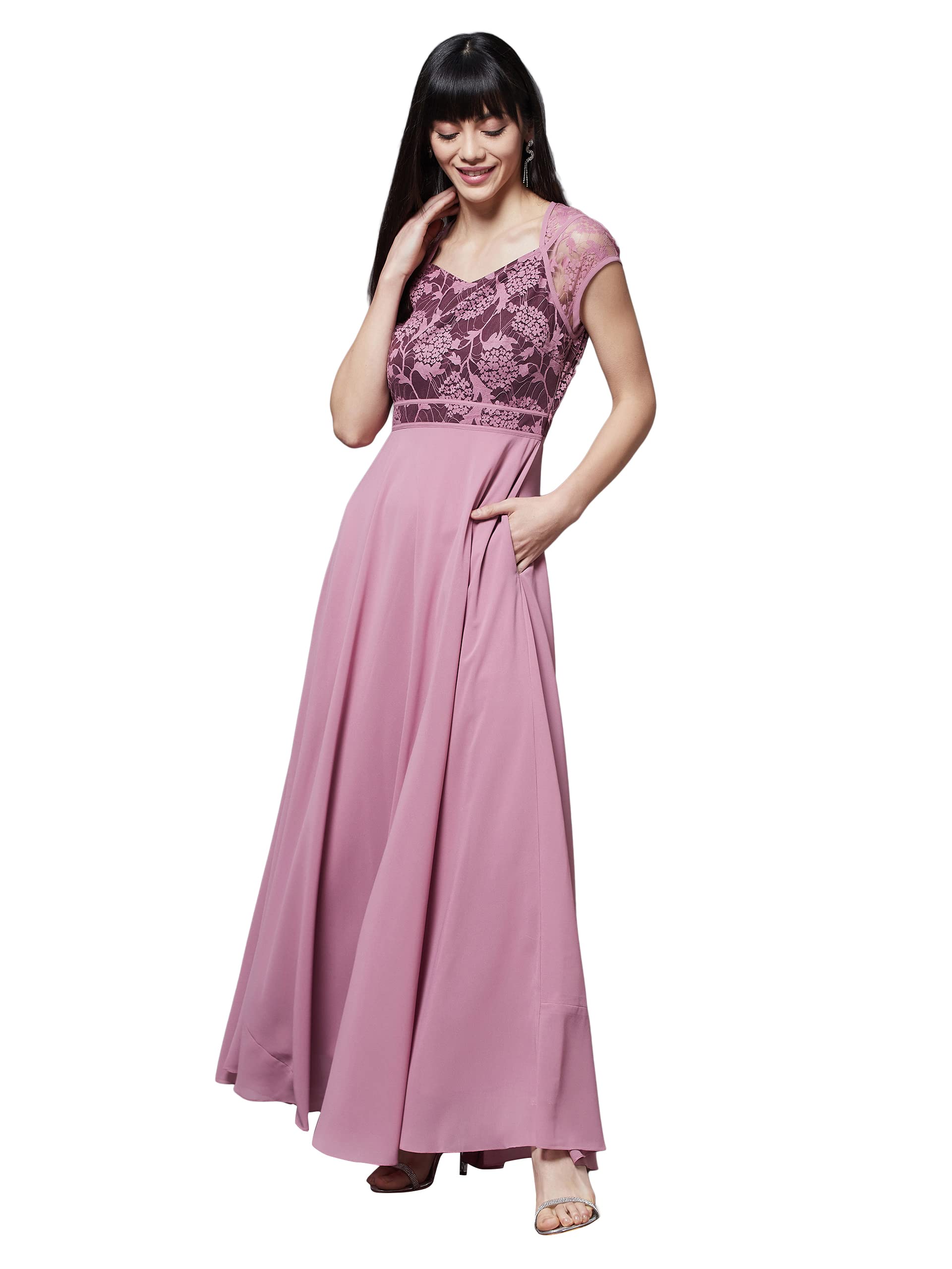 Miss Chase Women's Lavender & Wine V-Neck Cap Sleeves Floral Lace Fit & Flare Maxi Dress (Mcss21D06-11-249-06, Lavender & Wine, Xl)