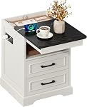 Yusong Table de chevet avec borne de recharge, 2 Tiroirs, Table d'appoint de canapés français blanc avec plateau de table amovible, Verrouillage intégré pour chambre à coucher, bois