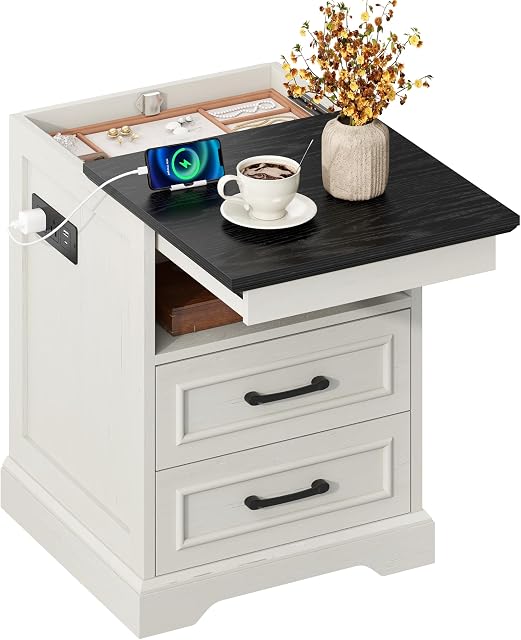 Yusong Table de chevet avec borne de recharge, 2 Tiroirs, Table d'appoint de canapés français blanc avec plateau de table amovible, Verrouillage intégré pour chambre à coucher, bois